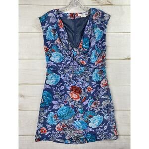 Paul & Joe Sister Dress Womens 38 M/6 Blue Floral 100% Silk Deep V Neck Boho